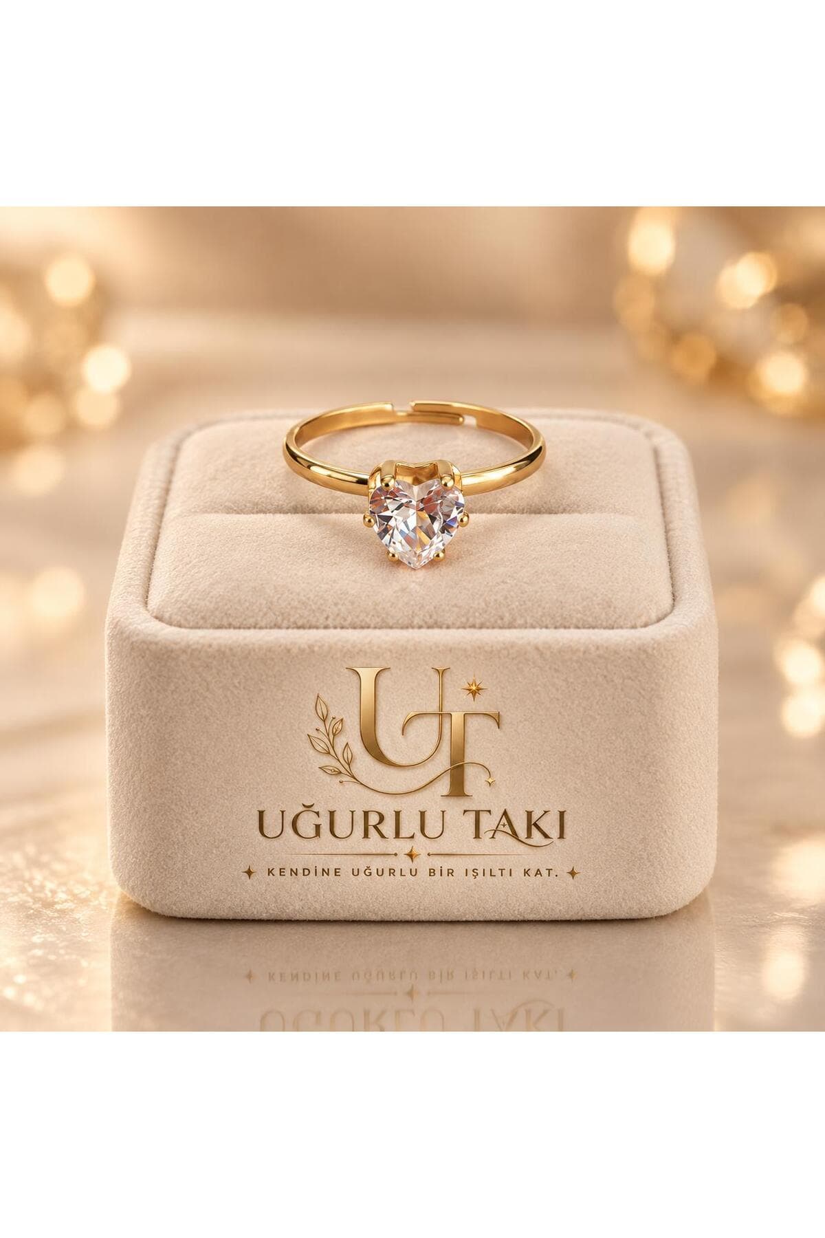 Kalp Kesim Tektaş Gold Renk Ayarlanabilir Kadın Yüzük – ön görünüm